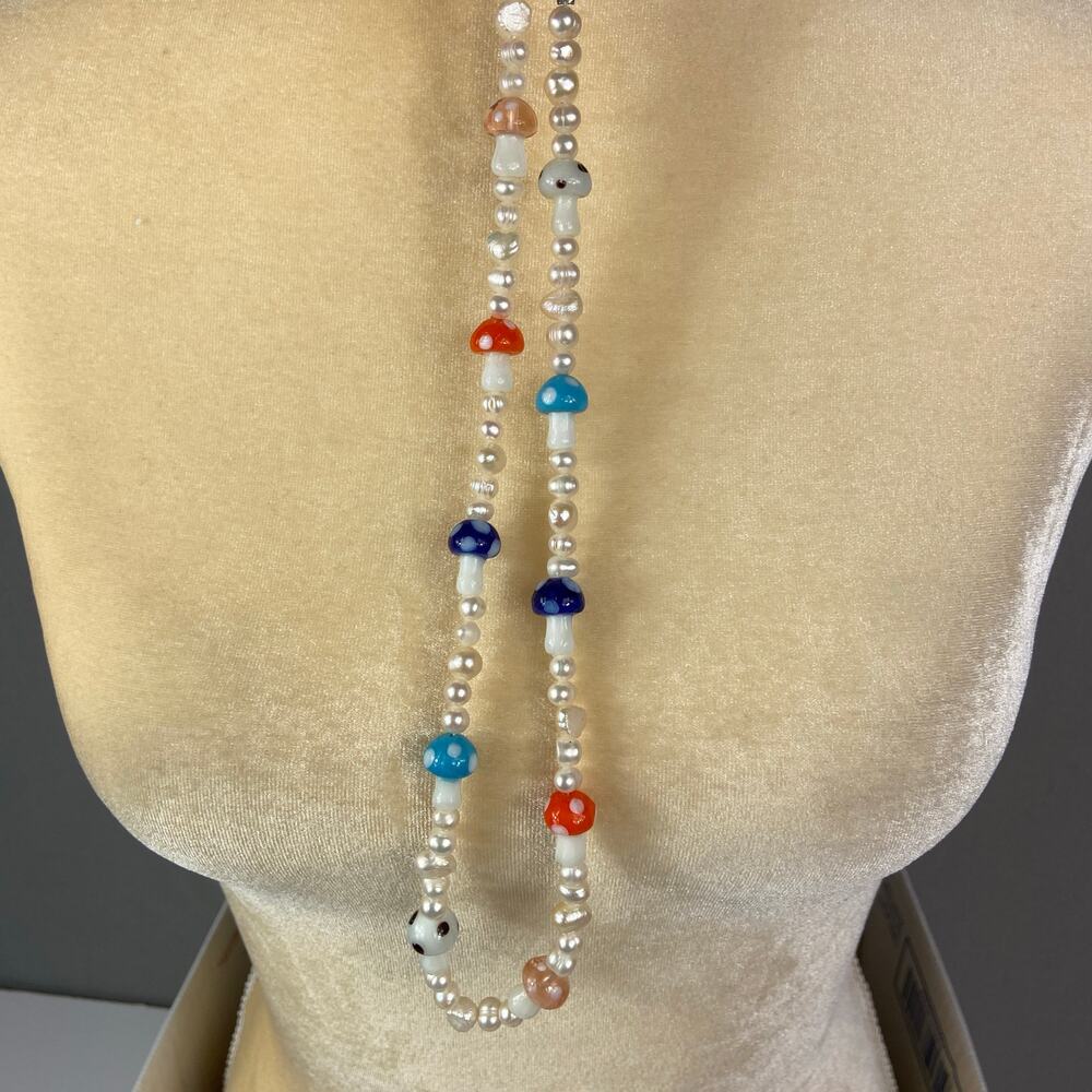 Multi Color Glass Bead Mushroom Pearl Necklace 20 Inches Necklace - Picture 3 of 8